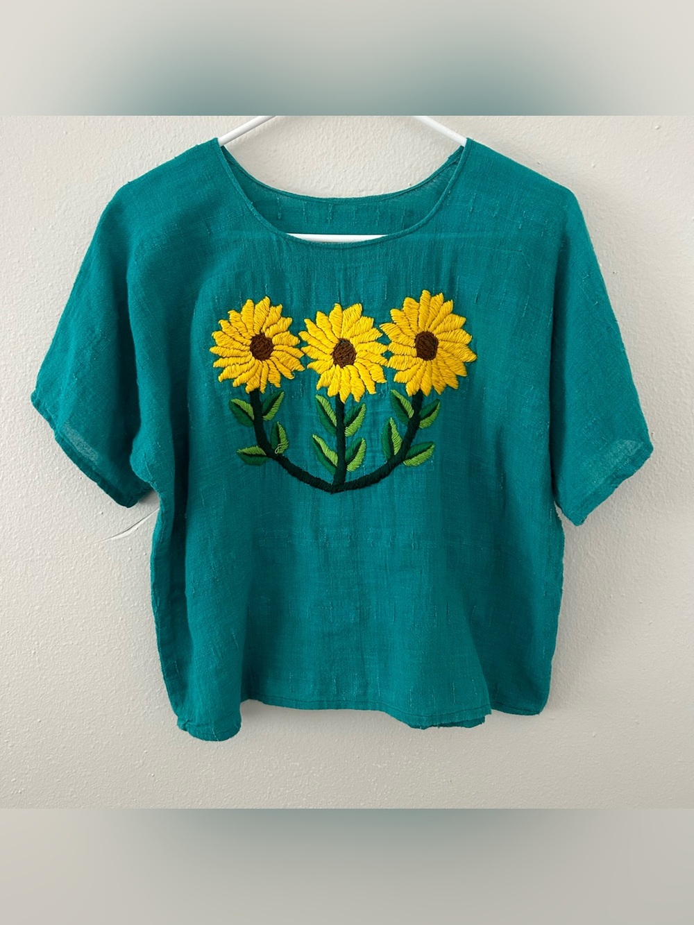 Teal Gauze Crewel Embroidered Sunflowers Floral Top Womens L ? Boxy Short Sleeve